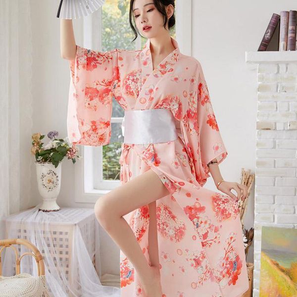

ethnic clothing pink sakura kimono performance dance suit japanese long summer women bathrobe print novelty cosplay costume yukata dress, Red