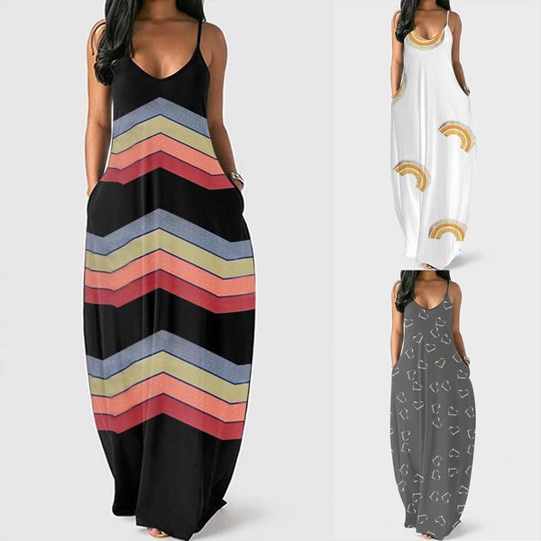 

sleeveless pockets long women dresses maxi casual loose love print female beach vestidos plus size, Black;gray