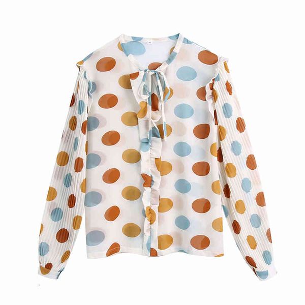 

women's knits & tees sweet women bow collar color dot shirts fashion ladies pleated sleeve elegant female chic chiffon ruffle, White
