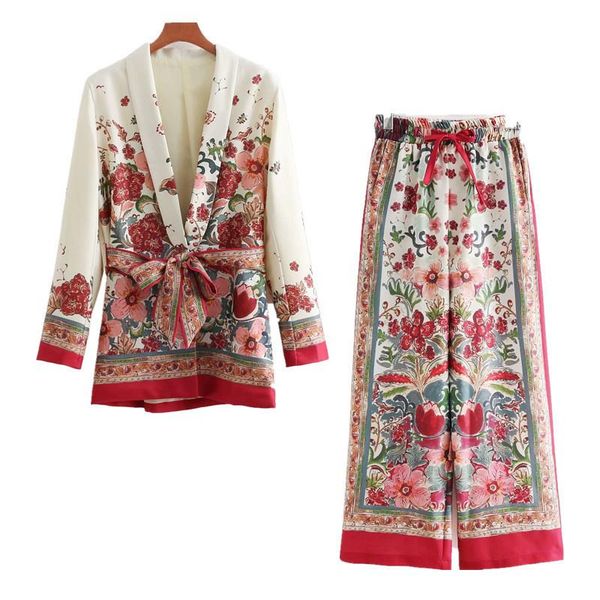 

women's two piece pants fashion print blazer set women suit coat slim v-neck with belt blazers jacket elastic band wide leg 2 outfits f, White
