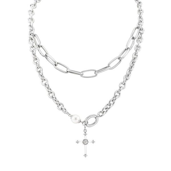 

pendant necklaces light luxury punk creative pearl stainless steel double chain stitching zircon cross, Silver