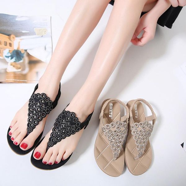 

sandals 2021 summer elegant women's rhinestone hollow out flat-soled shoes soft comfortable elastic band fashion commute, Black