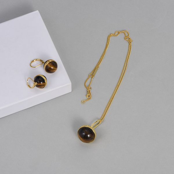 

design jewelry tiger eye stone ball pendant necklace net red same tiger eye stone ball earrings, Silver