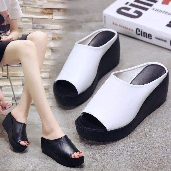 

slippers style thick bottomed slanted heel leisure women's soft-sole straight line shoes pu womens, Black
