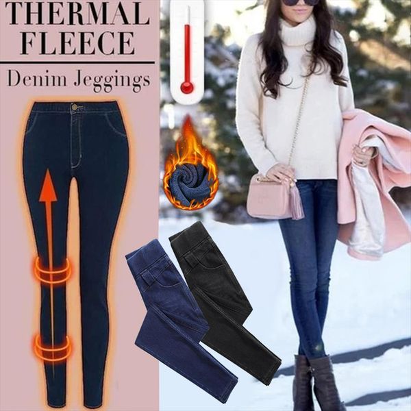 

thermal fleece denim jeggings womens capris high waisted stretch skinny jeans trousers tc21, Black;white