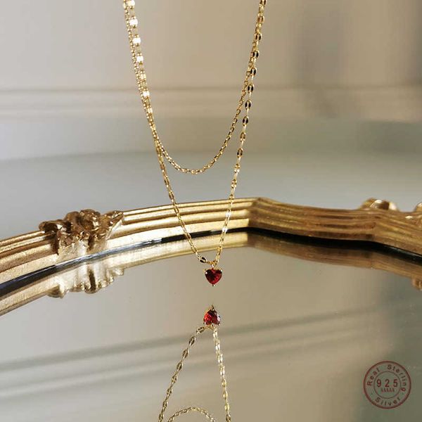

designer necklace european simple red heart crystal pendant women light luxury temperament 18k gold double clavicle chain jewelry, Silver