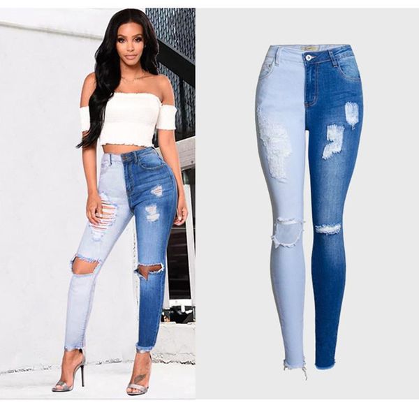 

women's pants & capris contrasting color spliced stitching jeans elastic slim matching pencil hole skinny retro, Black;white