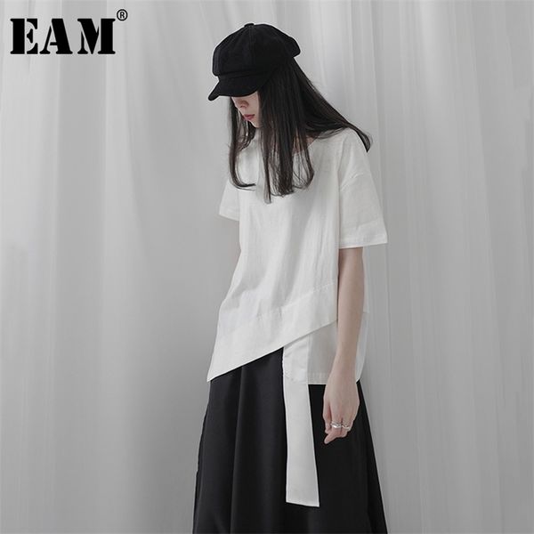 

[eam] women white ribbon asymmetrical split big size t-shirt round neck short sleeve fashion spring summer 1t237 210708