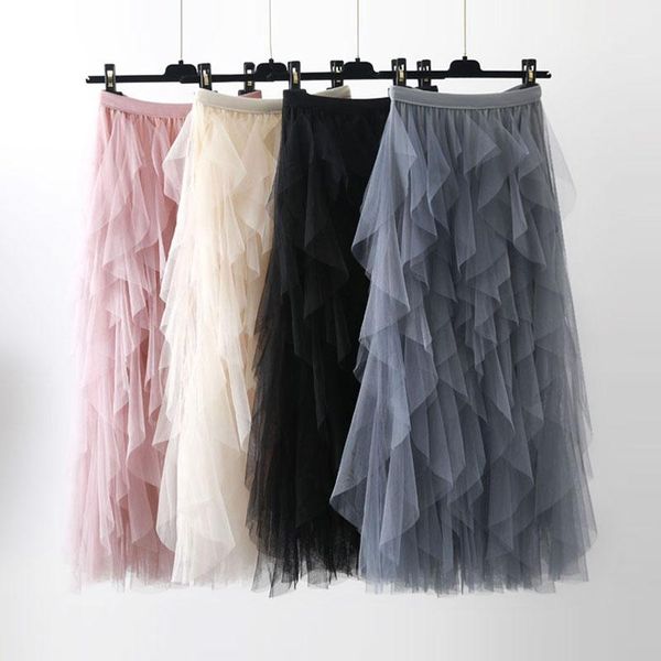 

skirts chic irregular mesh skirt women spring autumn 2021 multi-layer tutu cake fluffy ruffled long tulle female, Black