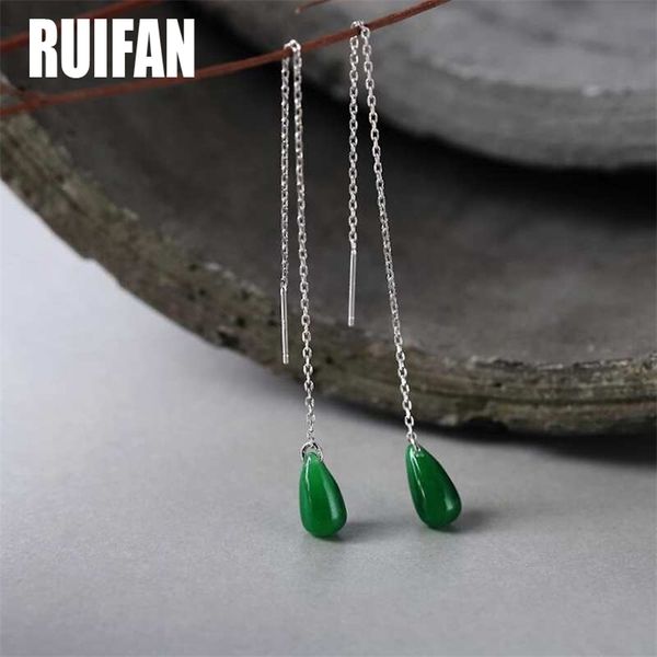 Ruifan Teardrop Green Natural Jade Ciondola orecchini lunghi per le donne 925 Sterling Silver Line Threader orecchino gioielli YEA106 210317