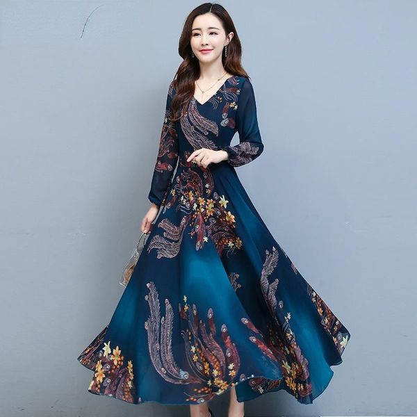 

casual dresses autumn vintage robe plus size boho dress floral chiffon long sleeve beach 2021 women bodycon party maxi vestidos, Black;gray