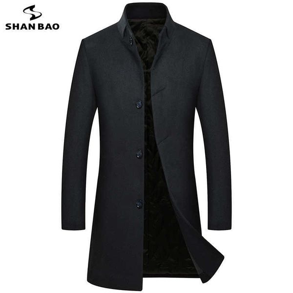

shan bao men's business casual fit wool coat winter brand clothing youth classic elegant thick long slim coat blue black 210531