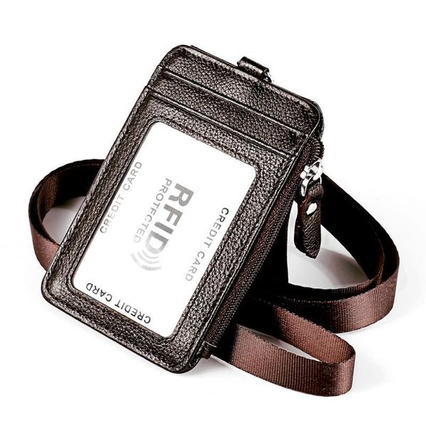 

card holders bisi goro genuine leather rfid holder removable lanyard business work set zipper pocket coin purse female bags, Brown;gray