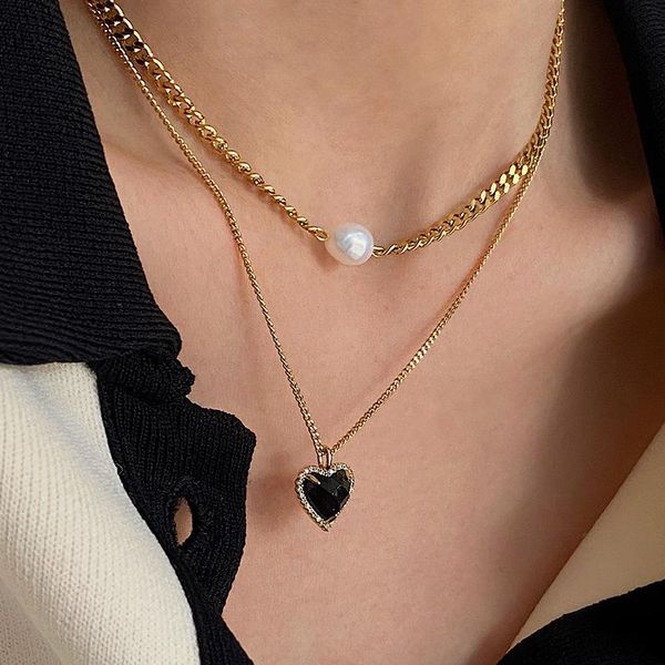 

chains huge bud punk multi layered pearl choker necklace collar heart crastal pendant chain for women fashion jewelry gifts, Silver