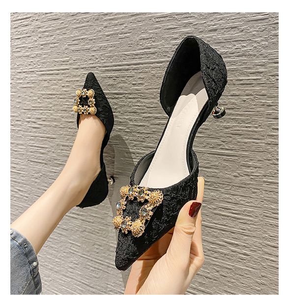 

41.42.43 size-pointed high heels womens new autumn simple dignified rhinestone square buckle stiletto mid-heel shoes, Black
