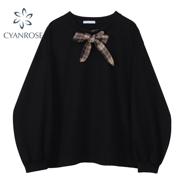 

black&khaki solid women's pullover sweatshirt o neck long sleeve bownot preppy style street sweet loose jumper sweatwear 210515