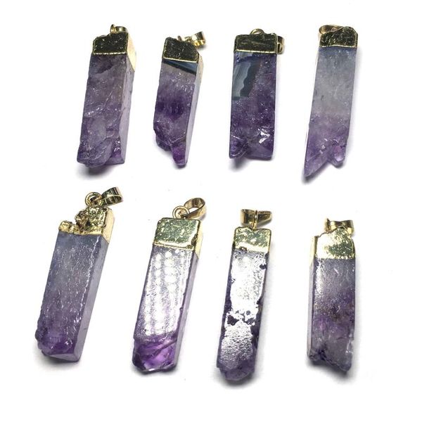 

pendant necklaces purple crystal gems necklace women men jewelry column natural stone optional stain steel leather chain, Silver