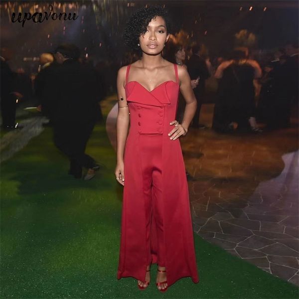 

women's red elegant party jumpsuit spaghetti strap sleeveless double breasted loose flare 210524, Black;white