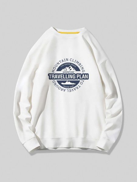 

men slogan & mountain print pullover f500#, Black