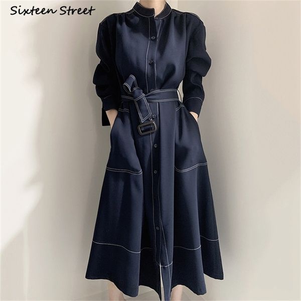

chic spaghetti dress woman with belt stand neck loose maxi vestido lady korean elegant dark blue spring clothing 210603, Black;gray