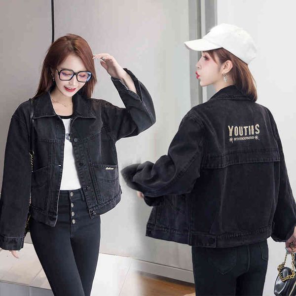 

women's jackets bf harajuku letter black printing jean female jacket casual spring loose turn-down collar long cut x5ot, Black;brown