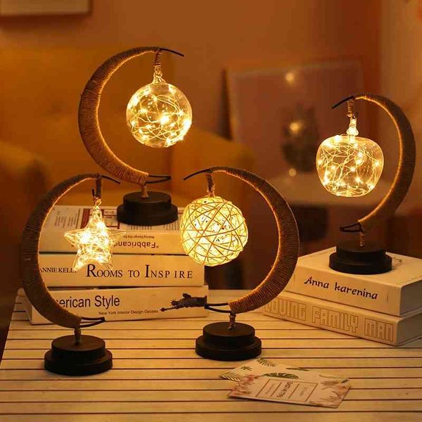 

led star moon rattan apple shaped christmas handmade hemp rope usb iron night lamp