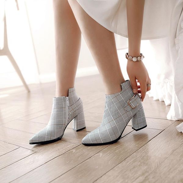 

boots masorini chaussure women luxury grid leather shoes woman zapatos mujer sapato ankle chunky high heels booties pumps w-275, Black