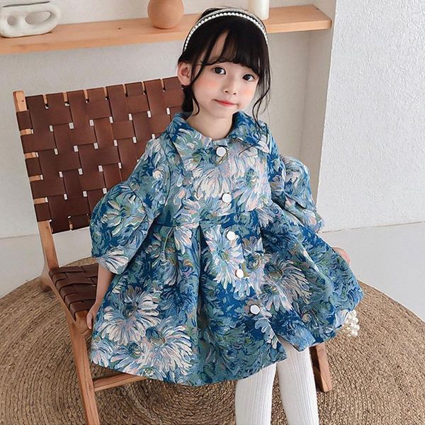 

jackets spring autumn girls jacket baby children outwear kids clothes fashion floral oil paint print puff sleeve 2 to 8 yrs, Blue;gray
