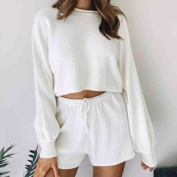 

spring knitted casual two pieces women tracksuits sets long lantern sleeve thin sweater suit summer streetwear lady shorts, Gray