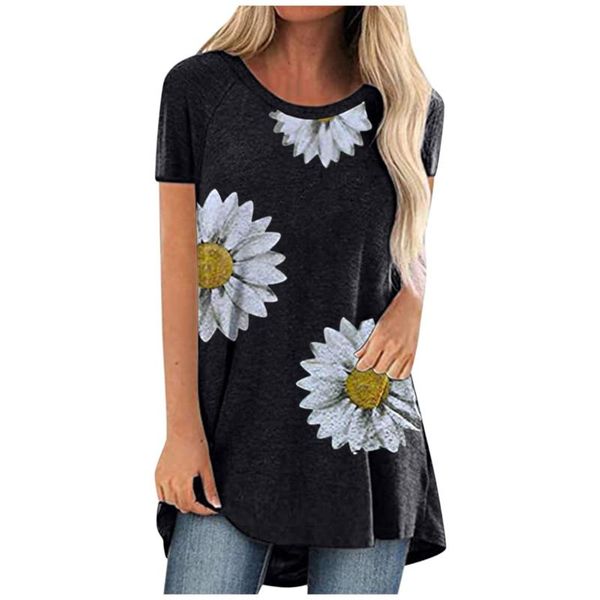 

women's t-shirt sunflower printed ladies short sleeve round neck loose daily clothing summer trend sweet girl tee shirt femme, White