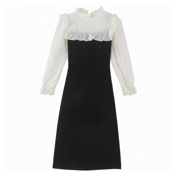 

casual dresses french vintage midi dress women 2021 autumn full sleeve elegant solid females evening party korean style design, Black;gray