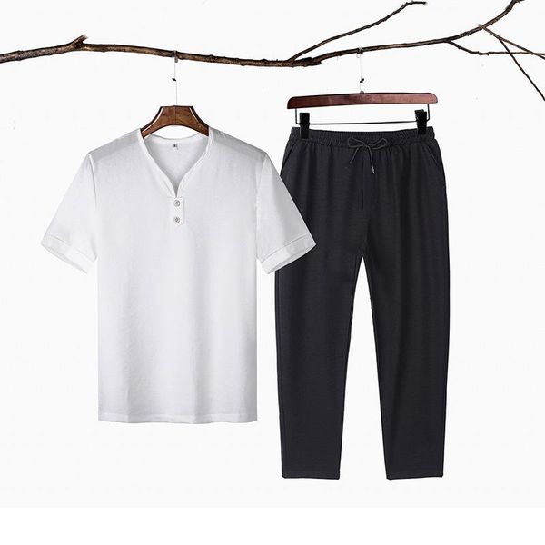 

men's tracksuits summer casual suits fashion v-neck short sleeve t-shirt+nine pants 2 piece sets wear clothes set plus size -5xl, Gray