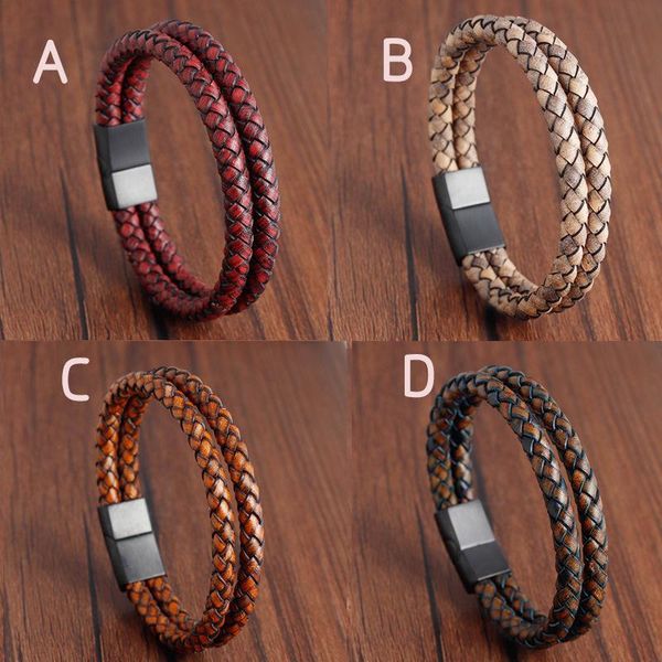 

charm bracelets vintage leather rope men's double layer braided stainless steel magnetic buckle bracelet handmade jewelry, Golden;silver