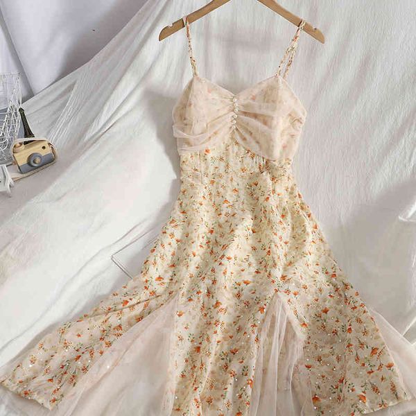 

bohemian floral printed beading sequin dress women spring summer mesh v-neck spaghetti strap vestidos female robe 210426, Black;gray