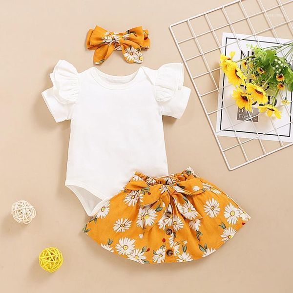 

clothing sets 2021 fashion summer baby girl skirts set short sleeve romper+floral skirt+headband casual outfits cute skirt for gir1, White