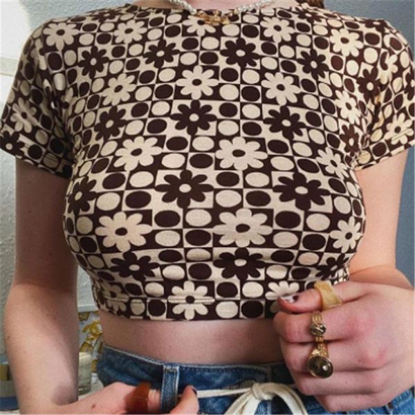 

women's t-shirt indie vintage fashion slim t-shirts floral print streetwear grunge style y2k cropped tees women round neck summer, White