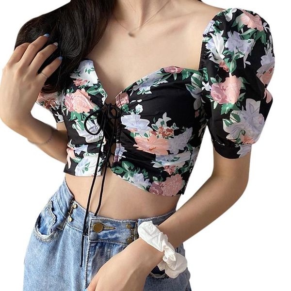 

summer women's shirt 2021 korean fashion floral print v neck exposed navel sweet short sleeve chiffon blouse blouses & shirts, White