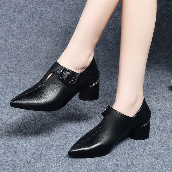 

shoes women's shoes woman high heels buckle autumn pumps soft pu leather footwear pointed toe block heel two wearing black vjto