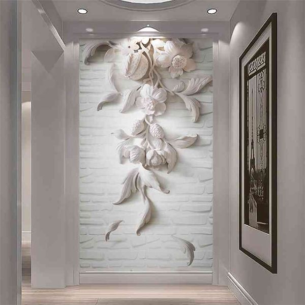 Benutzerdefinierte PO Wandpapier europäischen Stil 3D geprägte weiße Blume Kunst Wandbild Wandmalerei für Wohnzimmer Eingang Wand Home Decor 210722