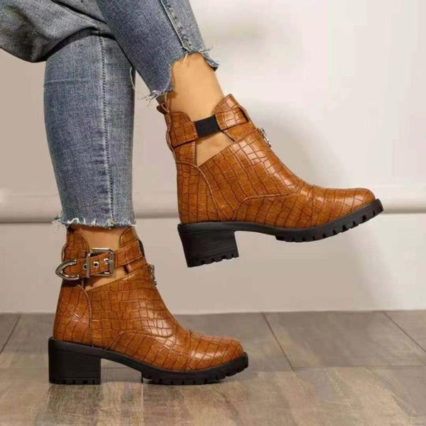 

boots 2021 ankle shoes women fashion casual vintage leather short hasp square root low heels ladies winter, Black
