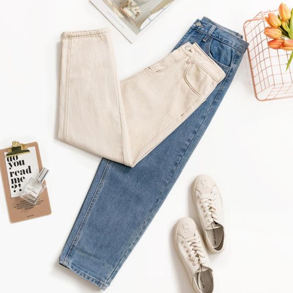 

women's jeans plus size women vintage high waist straight mom 2021 autumn loose casual denim pants croped trousers, Blue