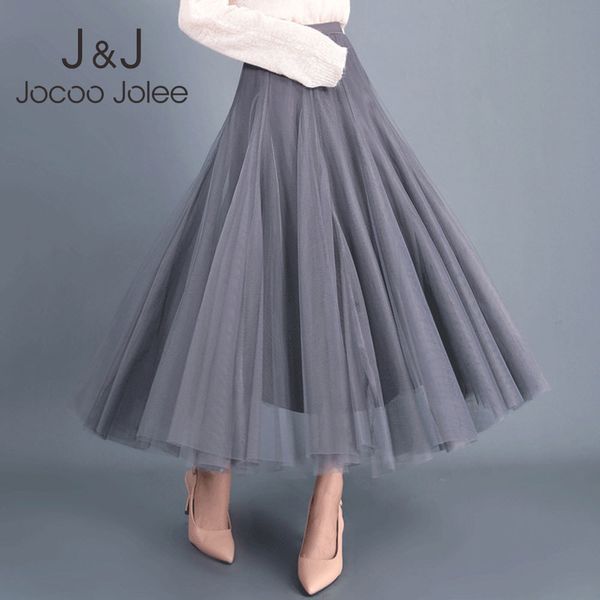 

jocoo jolee women solid mesh gauze high waist spring autumn slim long skirt a-line ball gown sweet pleated elegant casual 210518, Black
