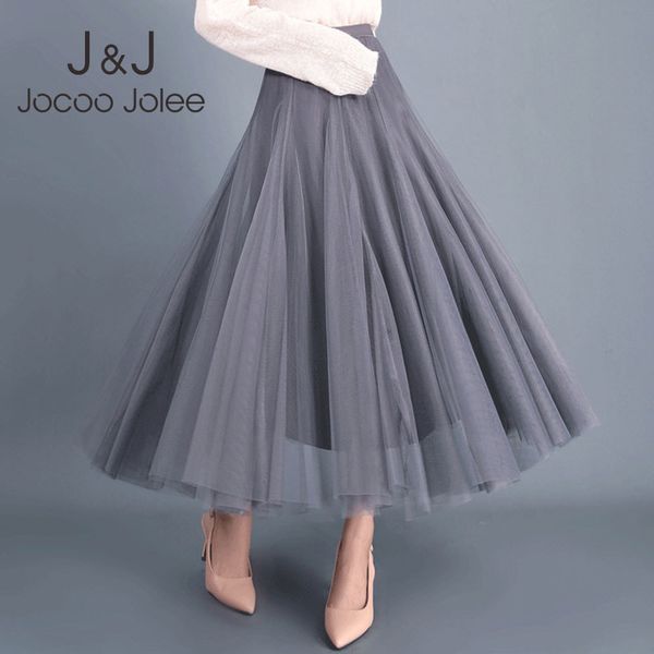 Jocoo Jolee Donna Solid Mesh Garza Vita alta Primavera Autunno Gonna lunga sottile A-Line Ball Gown Dolce pieghettato Elegante Casual 210518