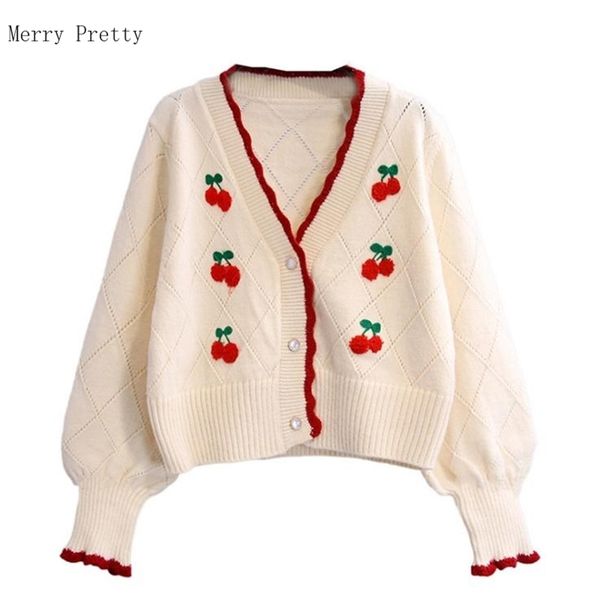 

cherry embroidery korean women short knitted pullover sweaters summer long sleeve v-neck casual sweet style girly crop 211011, White;black