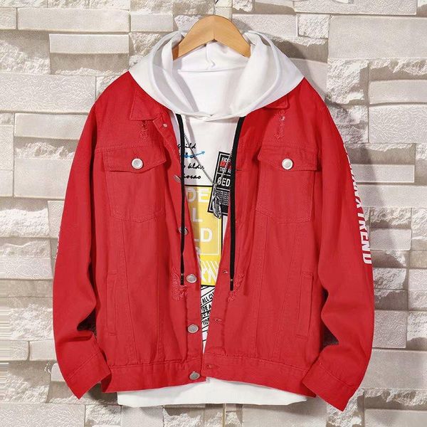 

men's jackets wholesale 2021 casual denim jacket male spring and autumn trend red wild print korean loose teenagers cowboy students, Black;brown