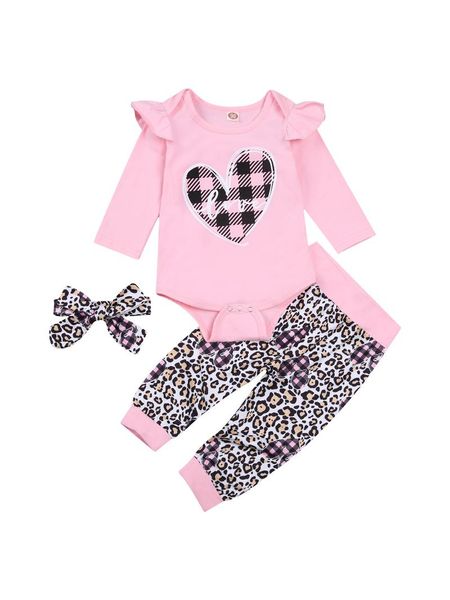 

baby girl leopard print three-piece suit, romper + trousers headband, bow decoration spring clothing sets, White