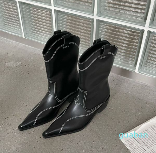 

autumn and winter cowboy boots leisur female pointed cylinder in british thick with high heel knight half ankle wholesale size 35 to 39 9906, Black