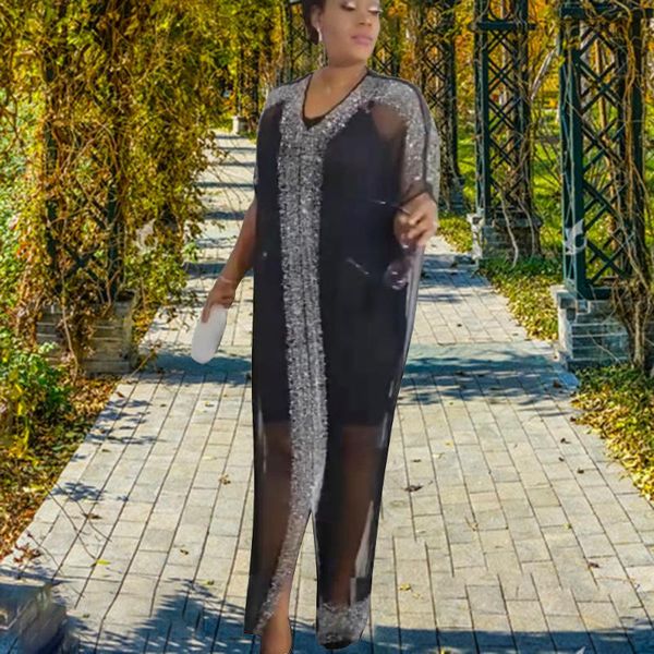 

ethnic clothing fashion african dresses for women v-collar bat sleeve plus size maxi dress solid color africaine femme clothes, Red