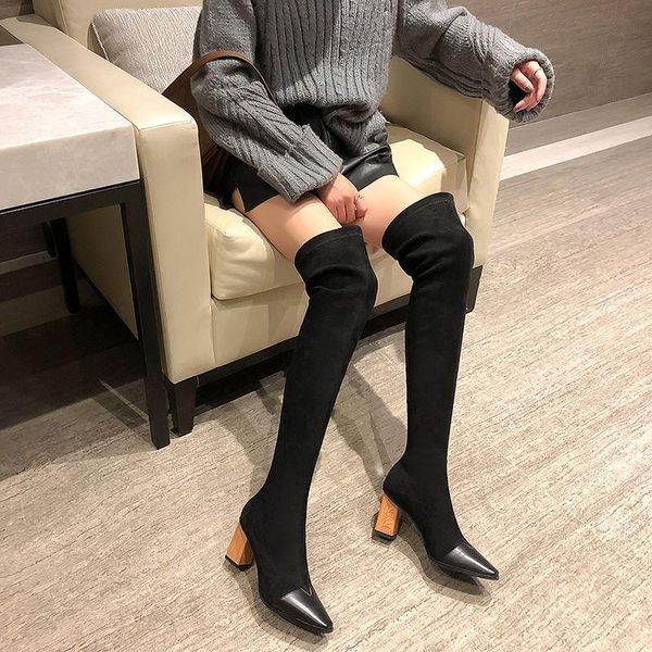 

boots dilalula genuine leather shoes woman suede thick high heels over the knee stretch thigh ladies party date 34 42, Black