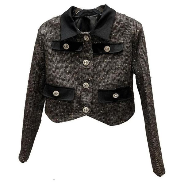 

women's jackets autumn winter french style gray contrast color lapel irregular short sequined tweed long sleeves jacket q5, Black;brown